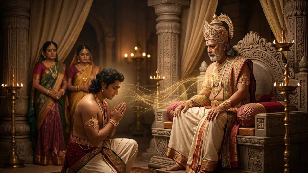 Prince Puru humbly offering his youth to his father Yayati - Explanatory Devices